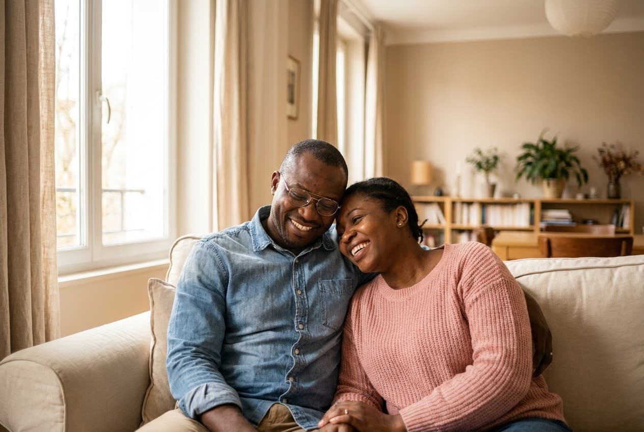 Un couple assis sur un canapé, qui rit doucement, épaule contre épaule.