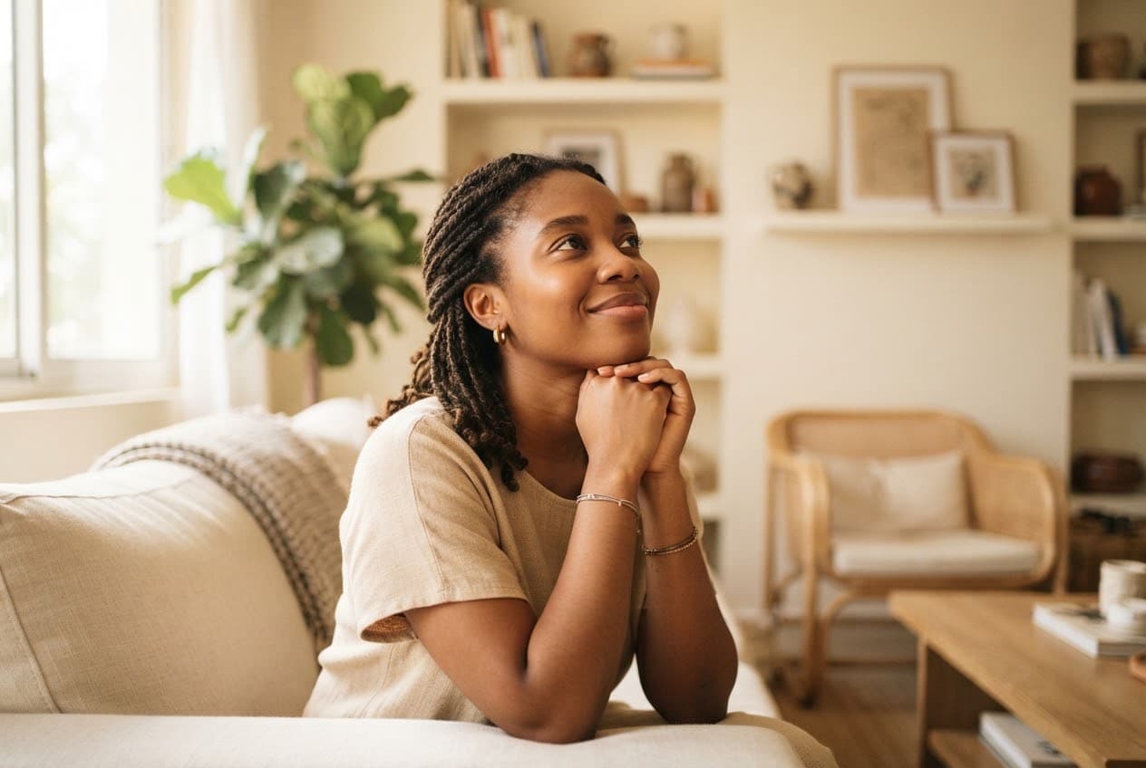 Une femme assise dans un salon lumineux, le regard posé au loin, prise dans ses pensées.