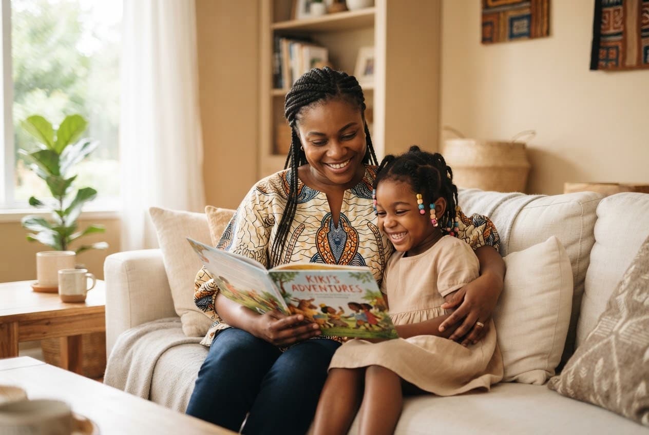 Une mère et sa fille, serrées l'une contre l'autre, lisant un livre.