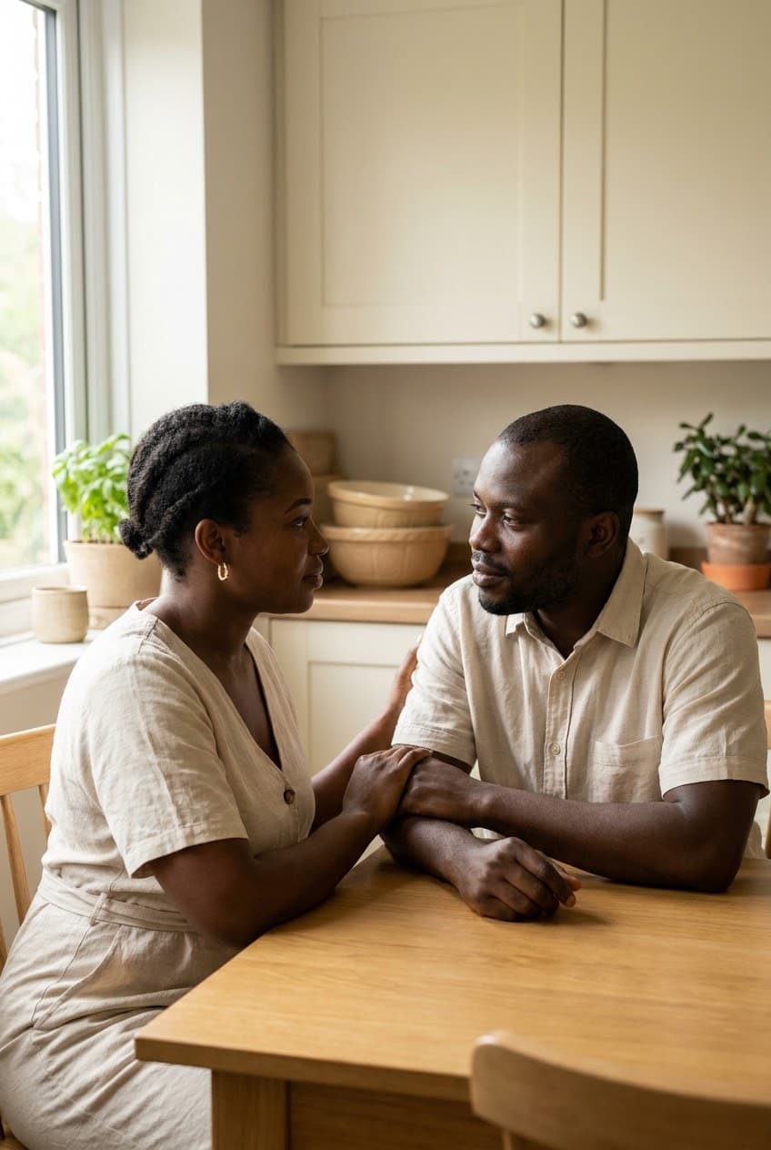 Un couple assis côte à côte, tourné l'un vers l'autre, en pleine conversation.