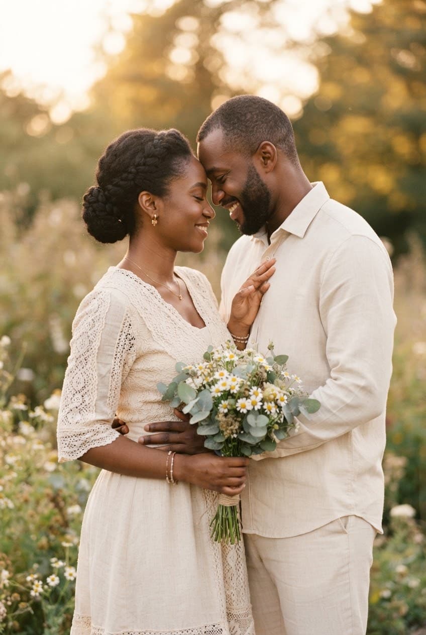 Deux fiancés qui se tiennent la main, souriants.