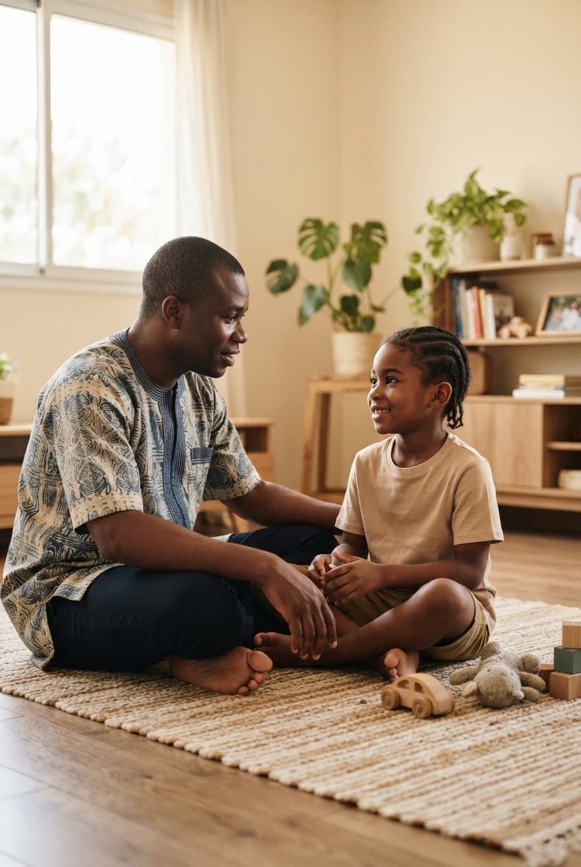 Un parent et son enfant qui se parlent, assis à la maison.