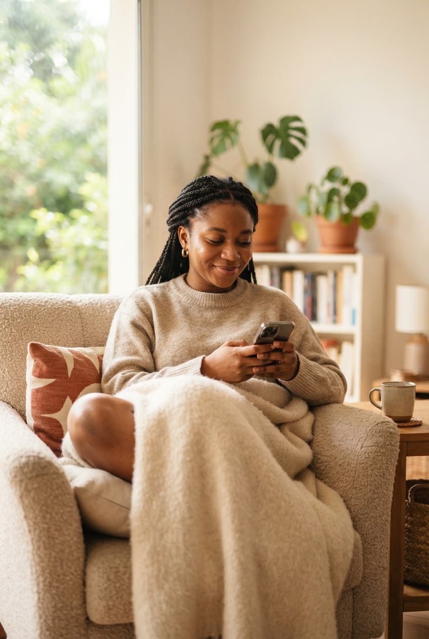 Une personne qui écrit un message depuis son téléphone, chez elle.